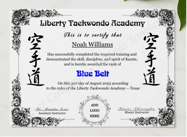 Karate Blue Belt Certificate With Logo presented in a sleek wooden frame, elegantly arranged on a stylish table.