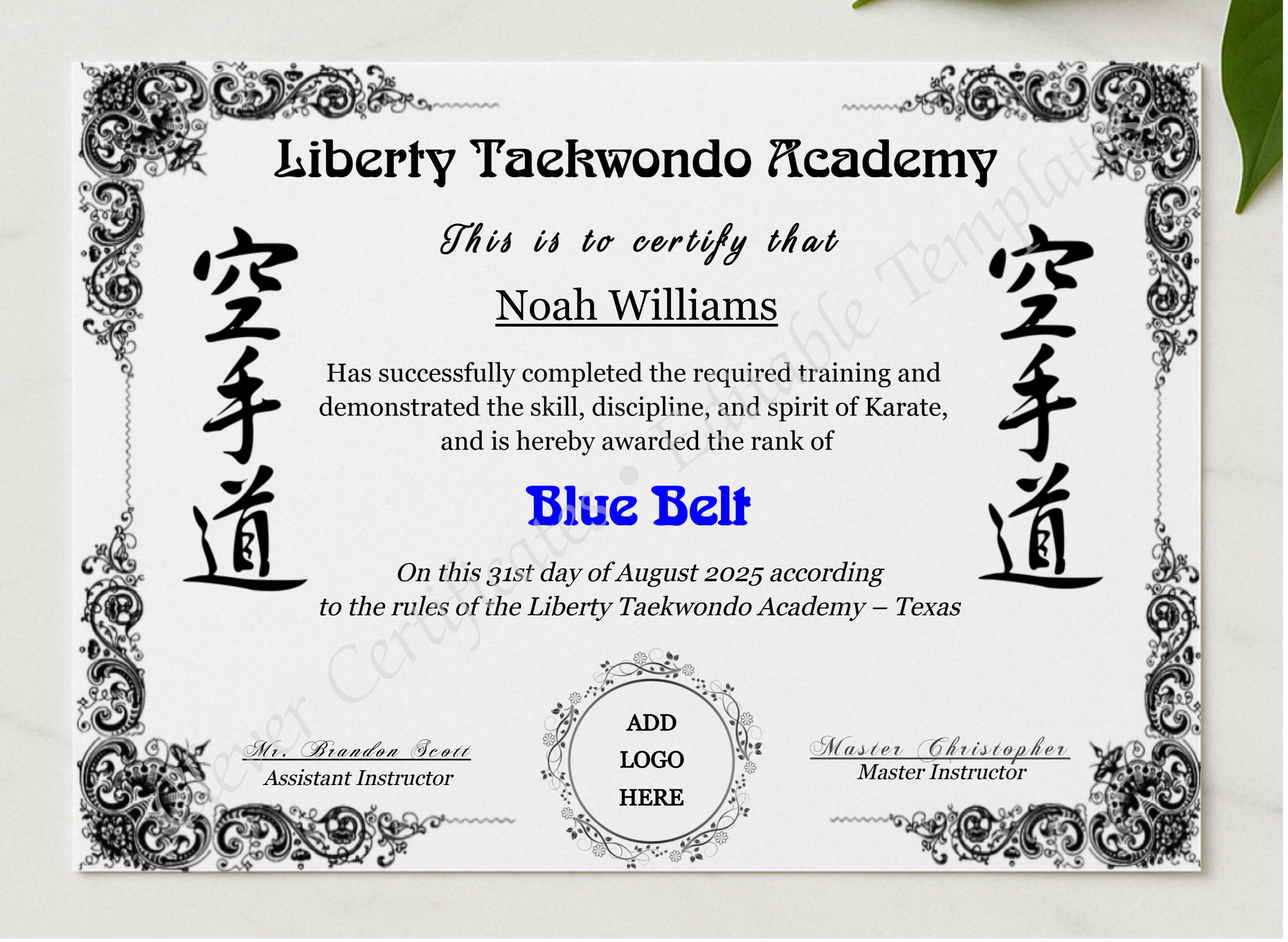 Karate Blue Belt Certificate With Logo presented in a sleek wooden frame, elegantly arranged on a stylish table.
