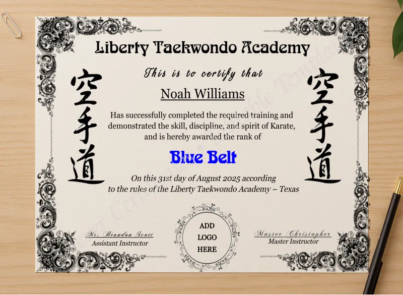 Professional preview of Karate Blue Belt Certificate With Logo certificate on high-quality stationery paper, ideal for showcasing the final look.