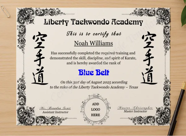 Professional preview of Karate Blue Belt Certificate With Logo certificate on high-quality stationery paper, ideal for showcasing the final look.
