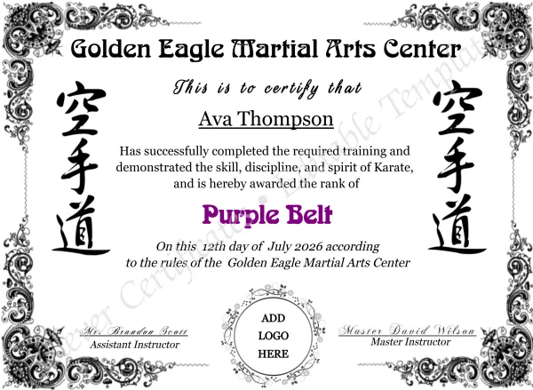Karate Purple Belt Certificate with Logo – Editable Martial Arts Award