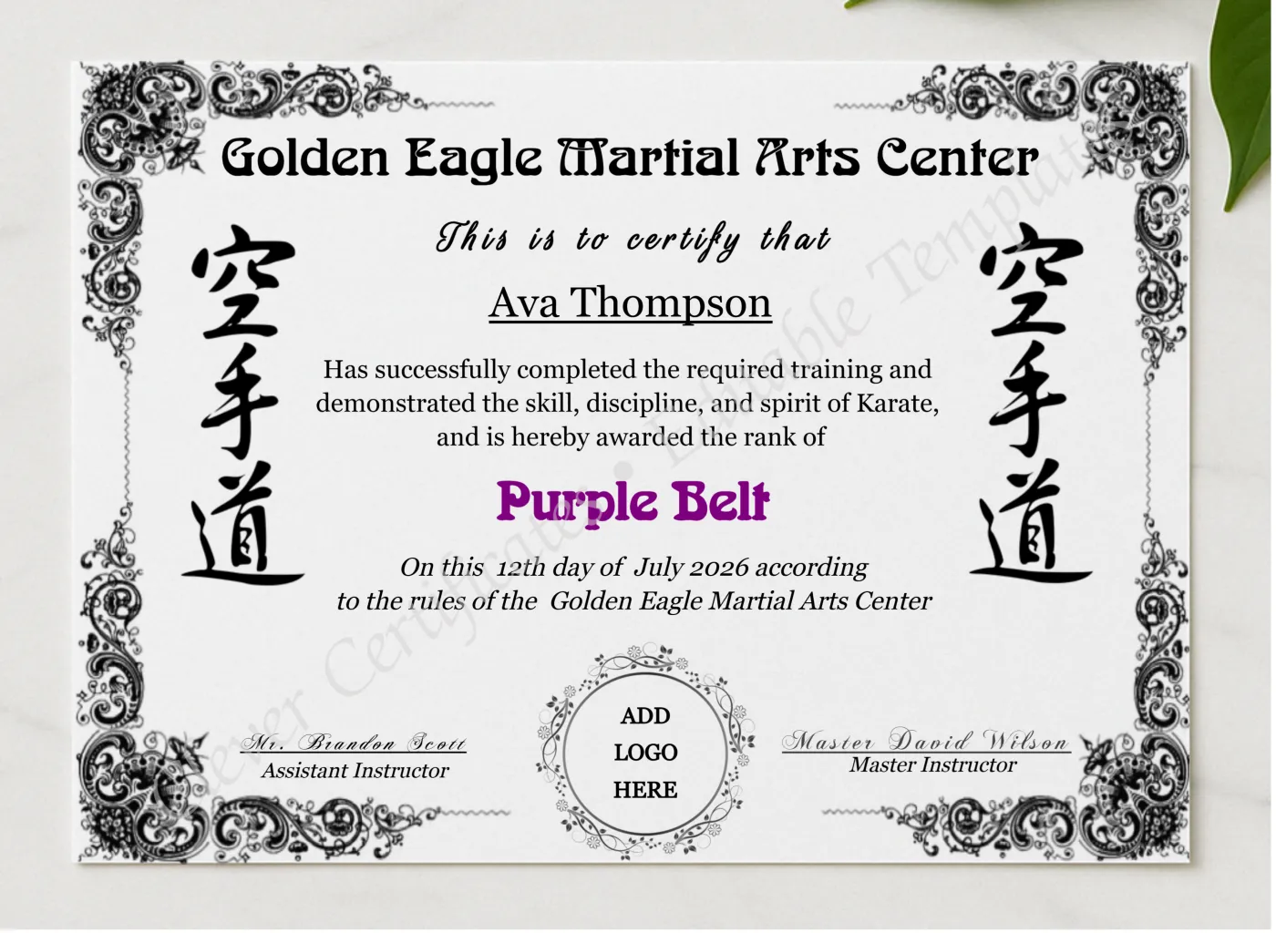 Karate Purple Belt Certificate With Logo presented in a sleek wooden frame, elegantly arranged on a stylish table.