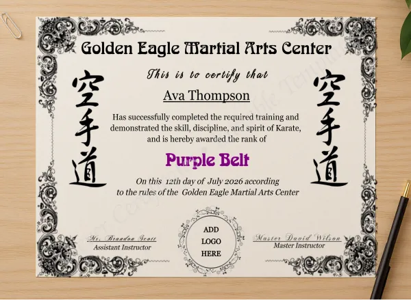 Professional preview of Karate Purple Belt Certificate With Logo certificate on high-quality stationery paper, ideal for showcasing the final look.
