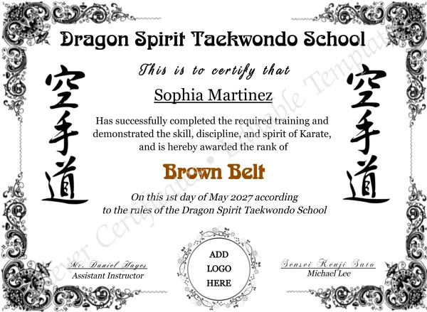 Karate Brown Belt Certificate with Logo – Editable Martial Arts Award