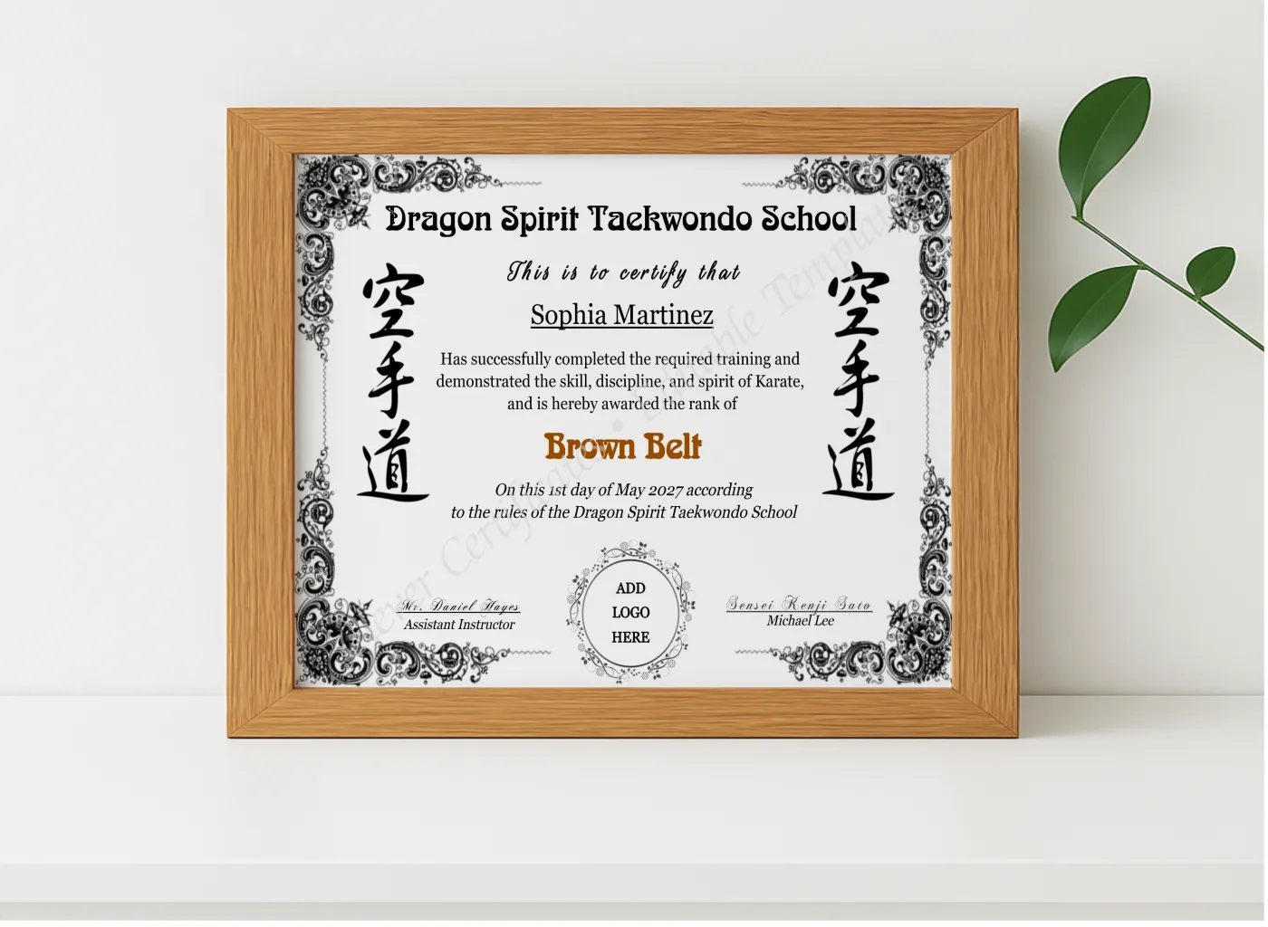 Realistic mockup featuring Karate Brown Belt Certificate With Logo displayed within a modern frame, set against a minimalistic background.
