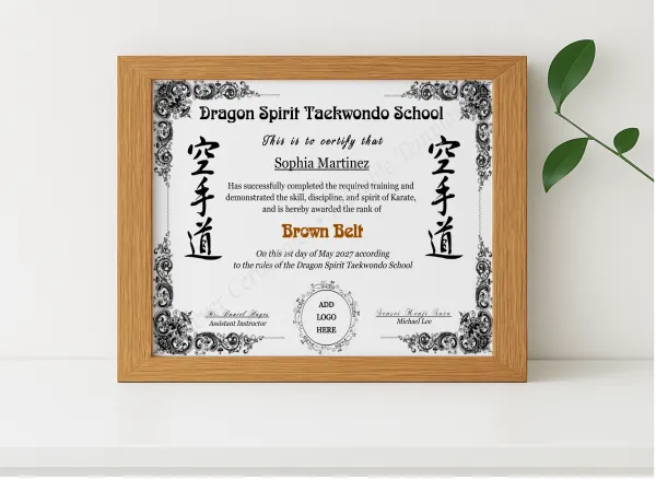 Realistic mockup featuring Karate Brown Belt Certificate With Logo displayed within a modern frame, set against a minimalistic background.