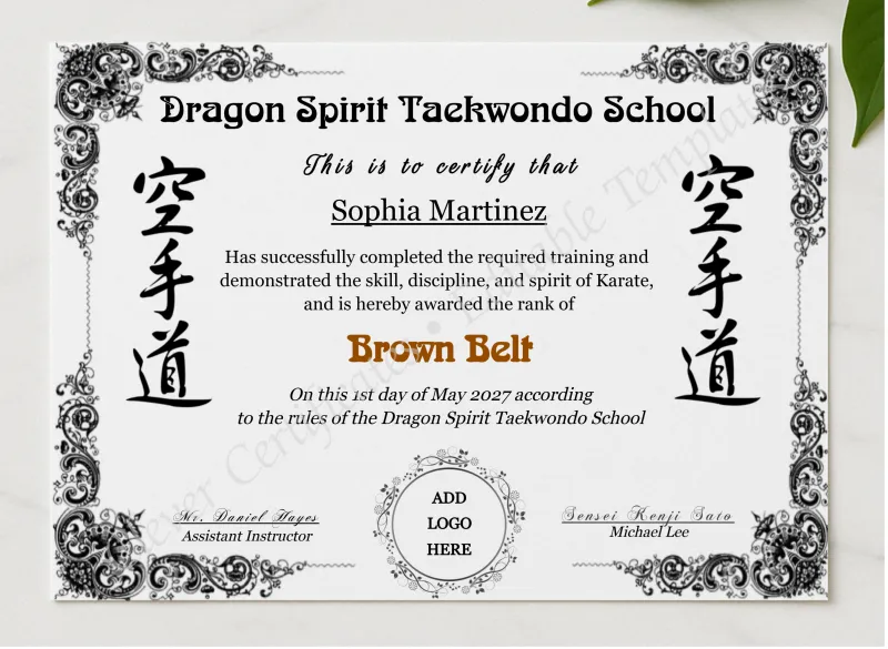 Karate Brown Belt Certificate With Logo presented in a sleek wooden frame, elegantly arranged on a stylish table.