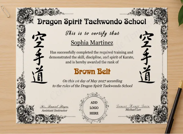 Professional preview of Karate Brown Belt Certificate With Logo certificate on high-quality stationery paper, ideal for showcasing the final look.