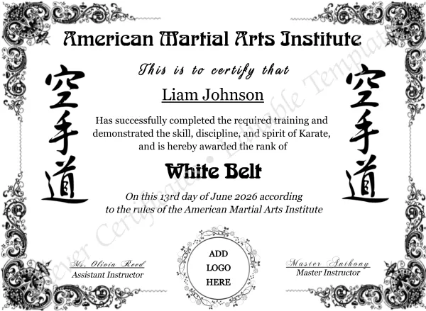 Karate White Belt Certificate with Logo – Editable Martial Arts Award