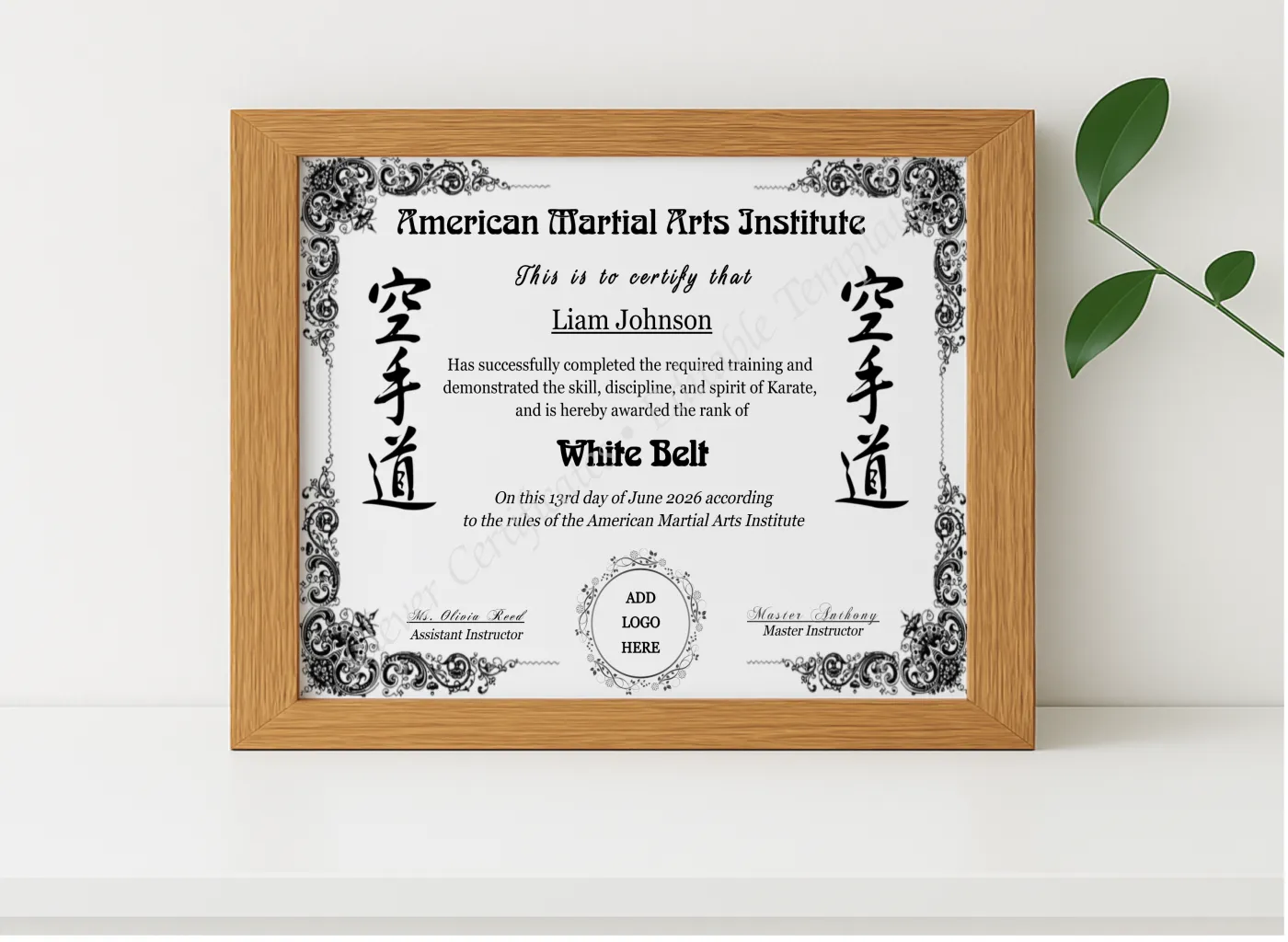 Realistic mockup featuring Karate White Belt Certificate With Logo displayed within a modern frame, set against a minimalistic background.