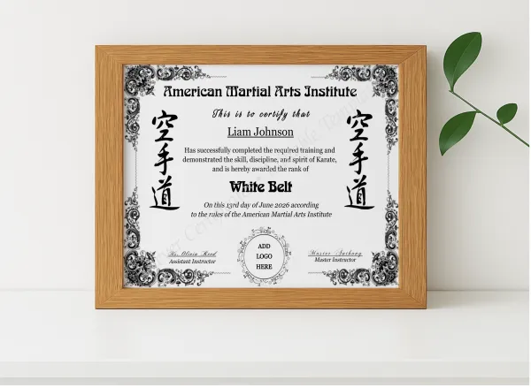 Realistic mockup featuring Karate White Belt Certificate With Logo displayed within a modern frame, set against a minimalistic background.