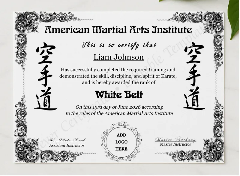 Karate White Belt Certificate With Logo presented in a sleek wooden frame, elegantly arranged on a stylish table.