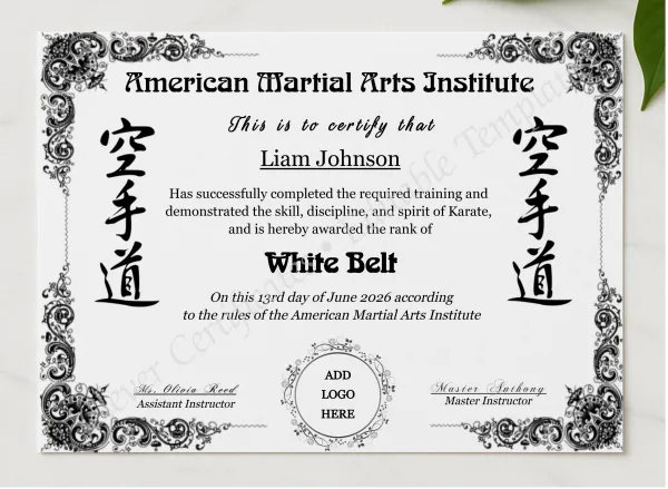 Karate White Belt Certificate With Logo presented in a sleek wooden frame, elegantly arranged on a stylish table.