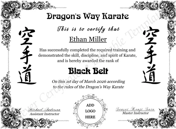 Karate Black Belt Certificate with Logo – Editable Martial Arts Award