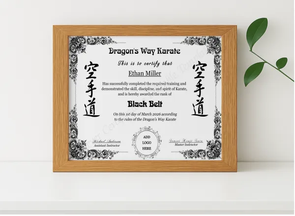 Realistic mockup featuring Karate Black Belt Certificate With Logo displayed within a modern frame, set against a minimalistic background.