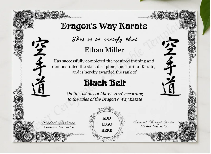 Karate Black Belt Certificate With Logo presented in a sleek wooden frame, elegantly arranged on a stylish table.