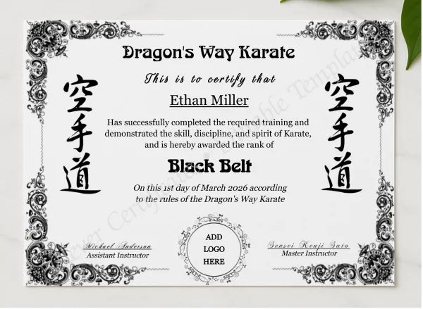 Karate Black Belt Certificate With Logo presented in a sleek wooden frame, elegantly arranged on a stylish table.