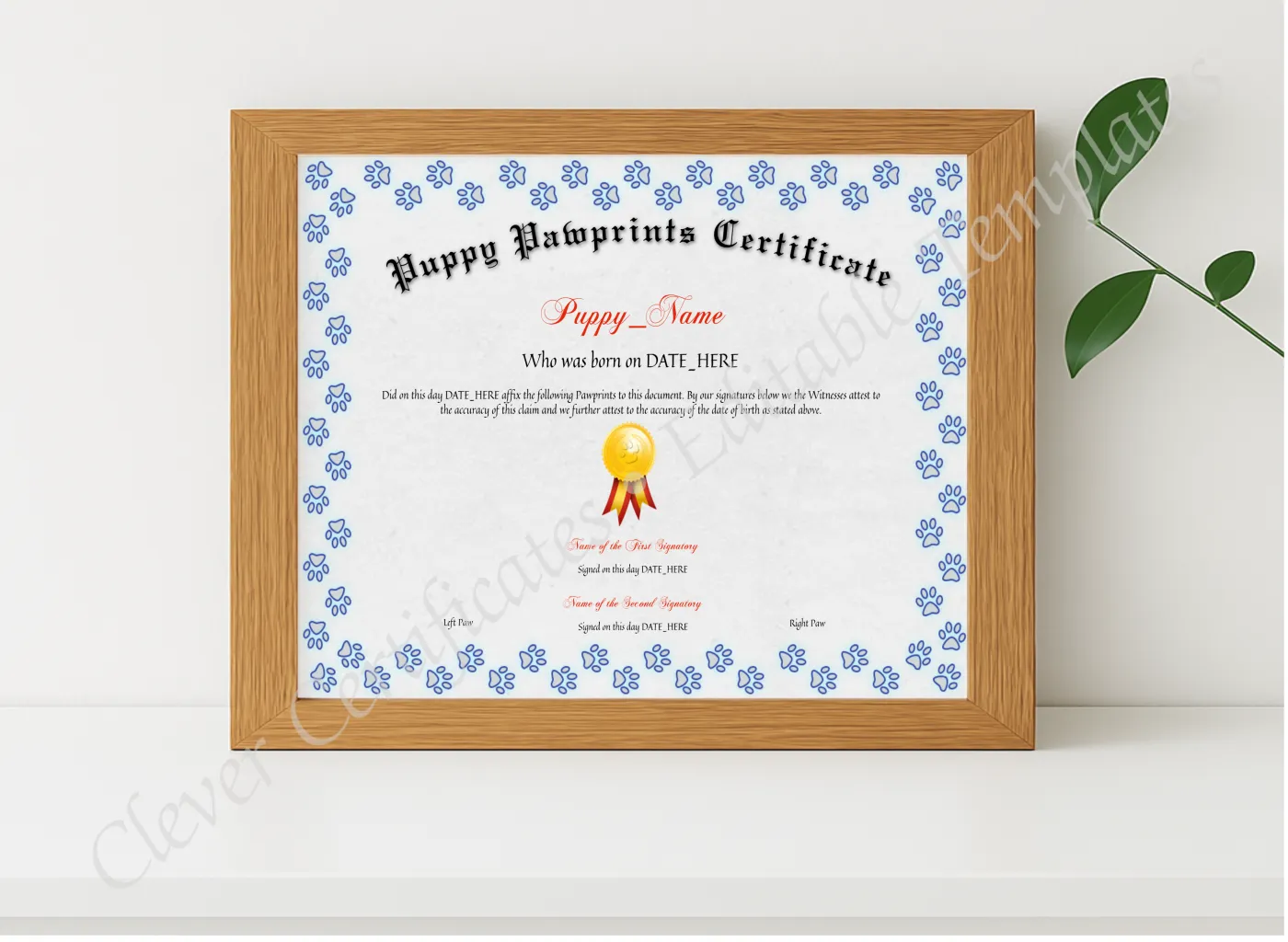 Realistic mockup featuring Puppy Pawprints Certificate displayed within a modern frame, set against a minimalistic background.
