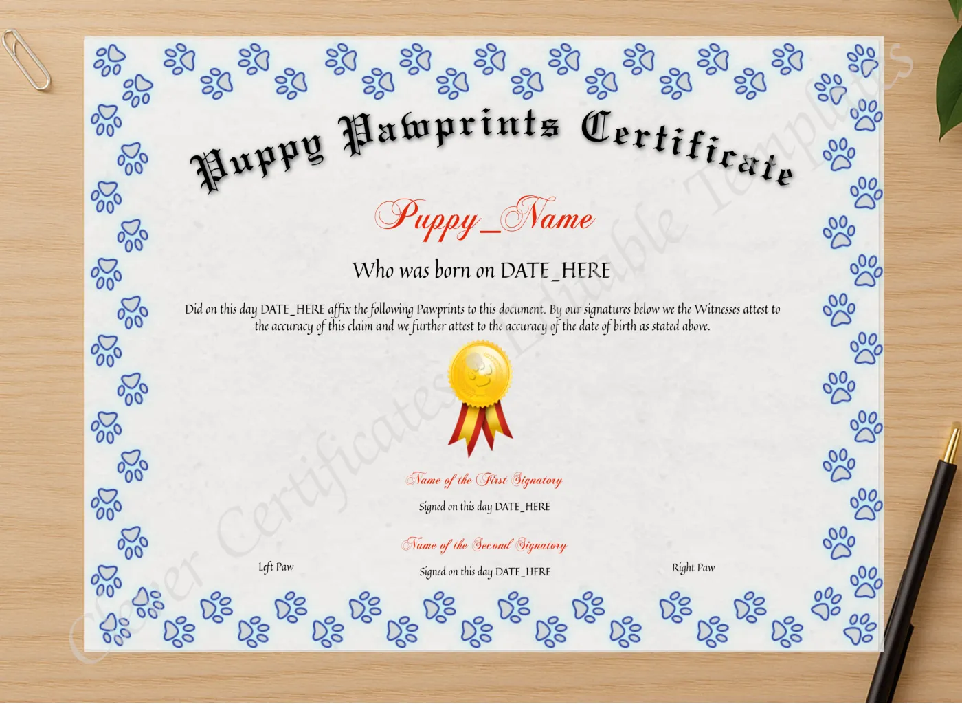 Professional preview of Puppy Pawprints Certificate certificate on high-quality stationery paper, ideal for showcasing the final look.