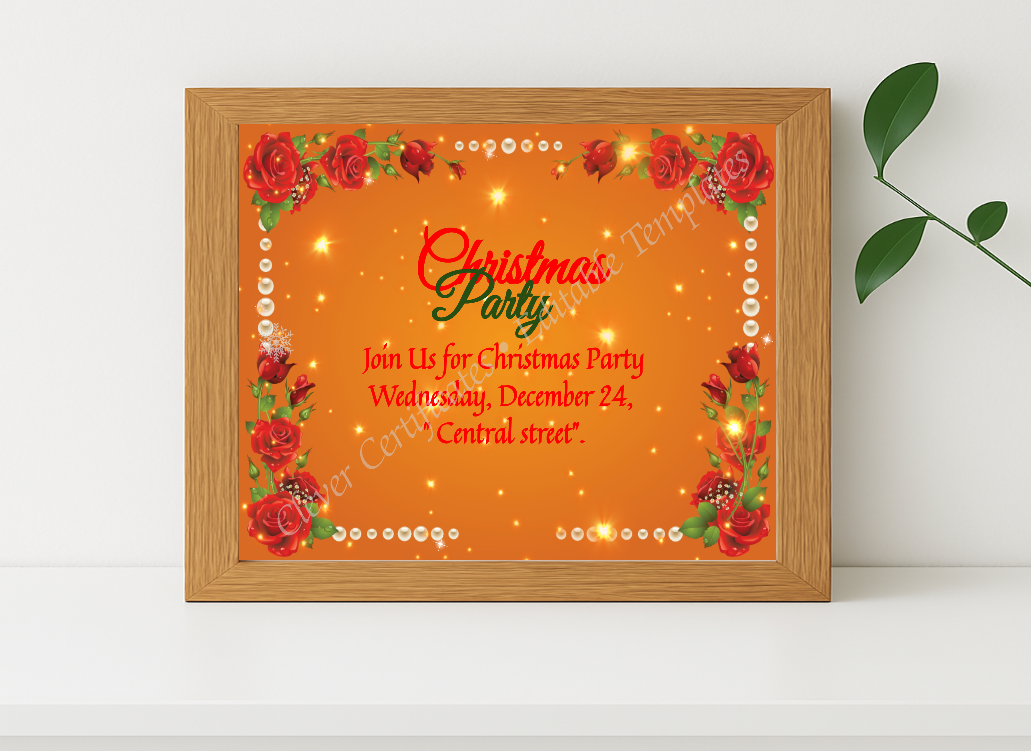 Realistic mockup featuring Editable Christmas Invitation Card PDF displayed within a modern frame, set against a minimalistic background.