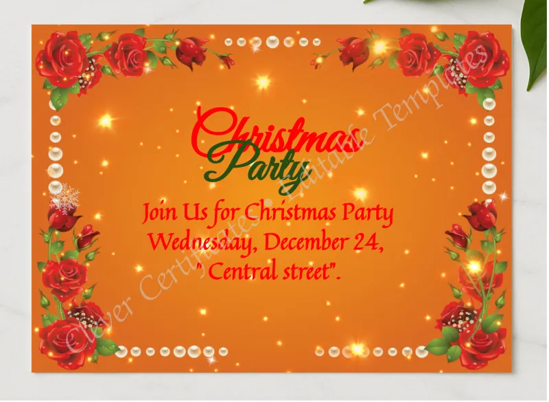 Editable Christmas Invitation Card PDF presented in a sleek wooden frame, elegantly arranged on a stylish table.