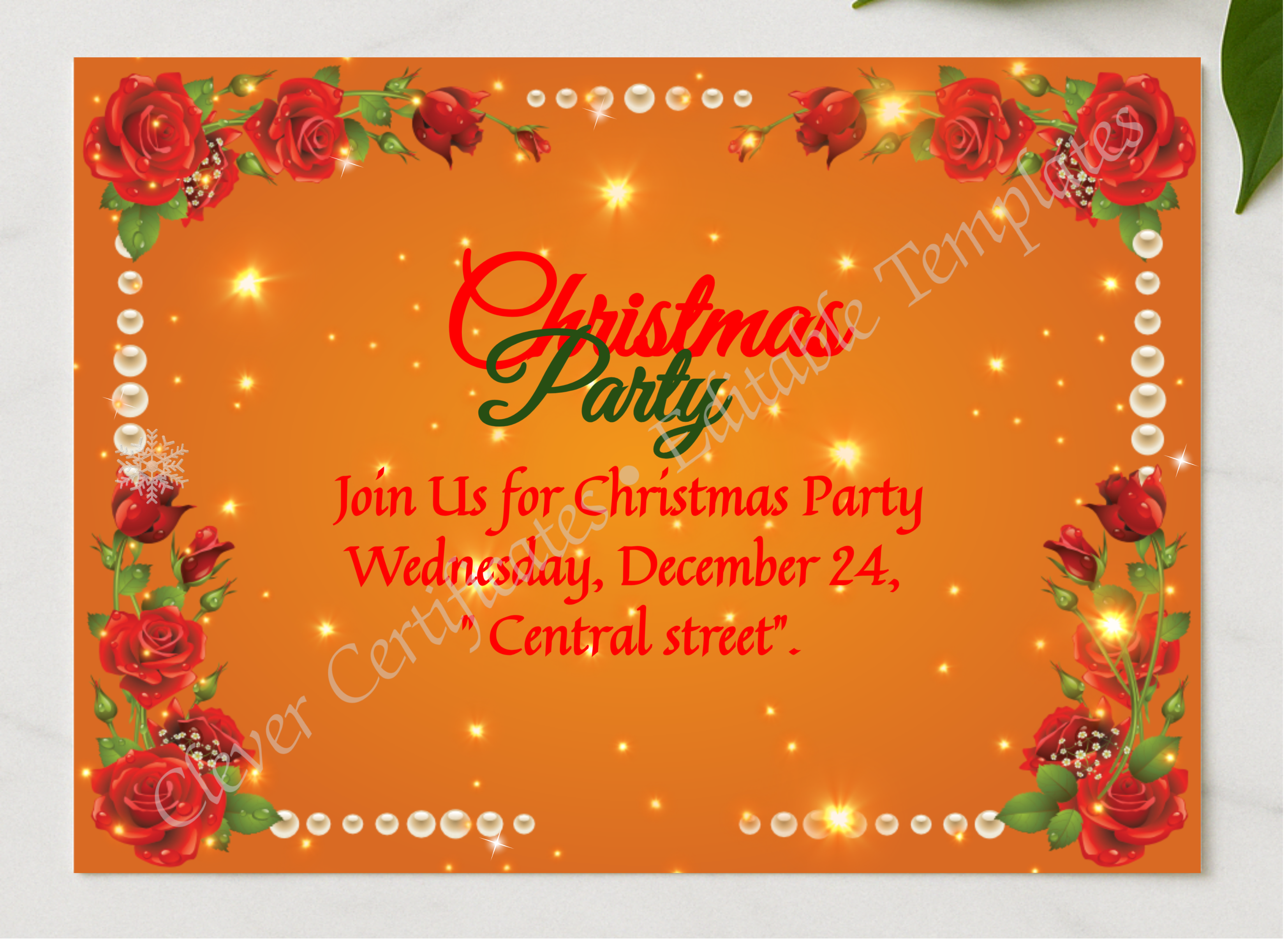 Editable Christmas Invitation Card PDF presented in a sleek wooden frame, elegantly arranged on a stylish table.