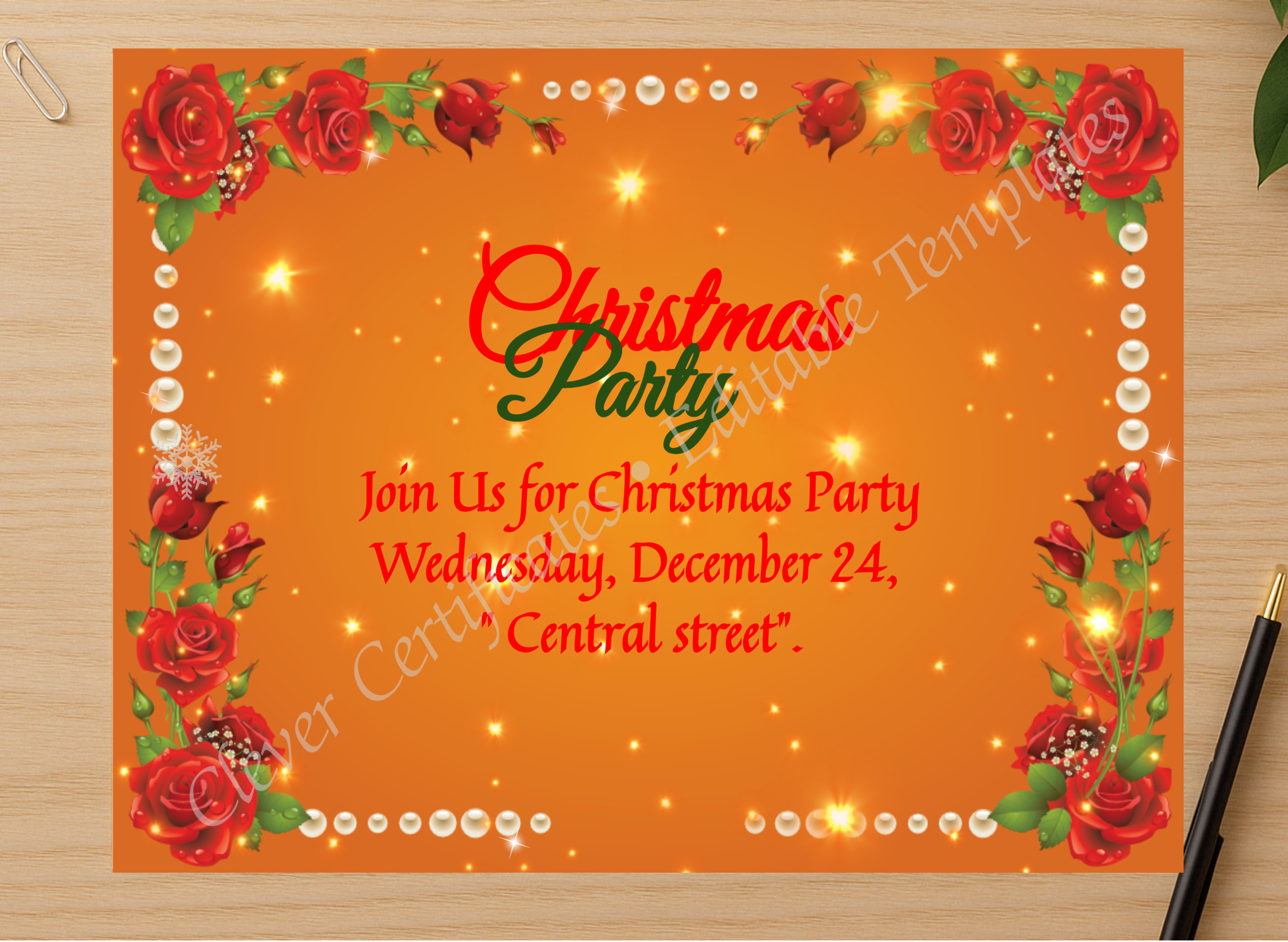 Professional preview of Editable Christmas Invitation Card PDF certificate on high-quality stationery paper, ideal for showcasing the final look.
