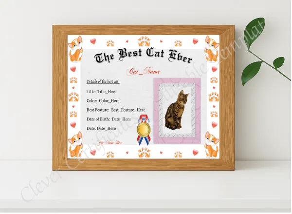 Realistic mockup featuring The Best Cat Ever Award displayed within a modern frame, set against a minimalistic background.