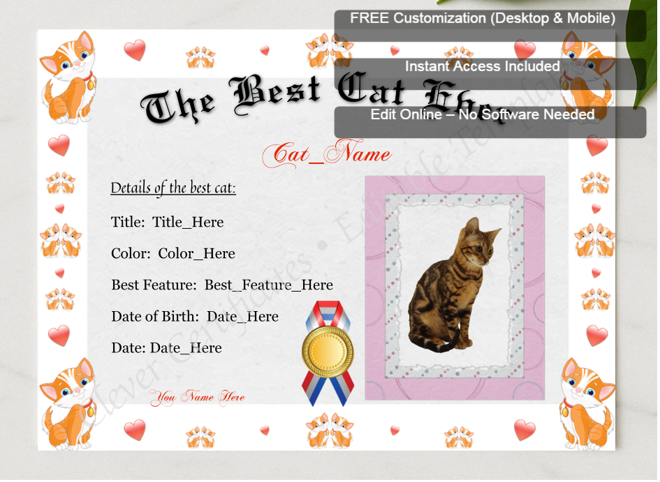 Framed preview featuring Free Editor badge stack for The Best Cat Ever Award