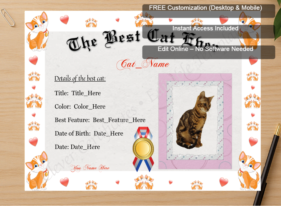 Zoomed preview with Free Editor badge stack for The Best Cat Ever Award