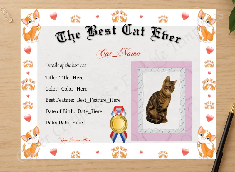 Professional preview of The Best Cat Ever Award certificate on high-quality stationery paper, ideal for showcasing the final look.