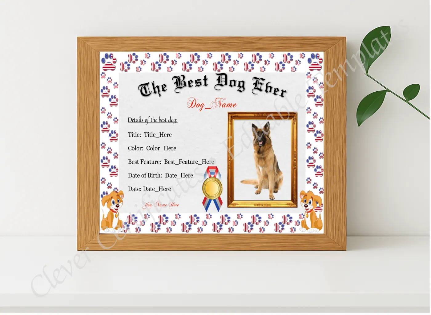 Realistic mockup featuring The Best Dog Ever Award displayed within a modern frame, set against a minimalistic background.