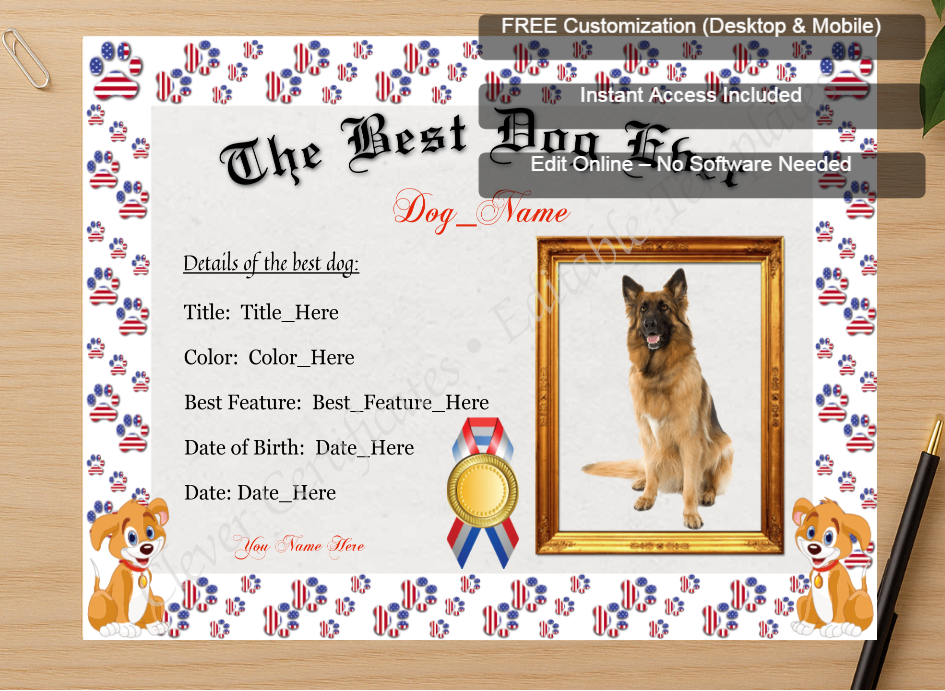 Zoomed preview with Free Editor badge stack for The Best Dog Ever Award