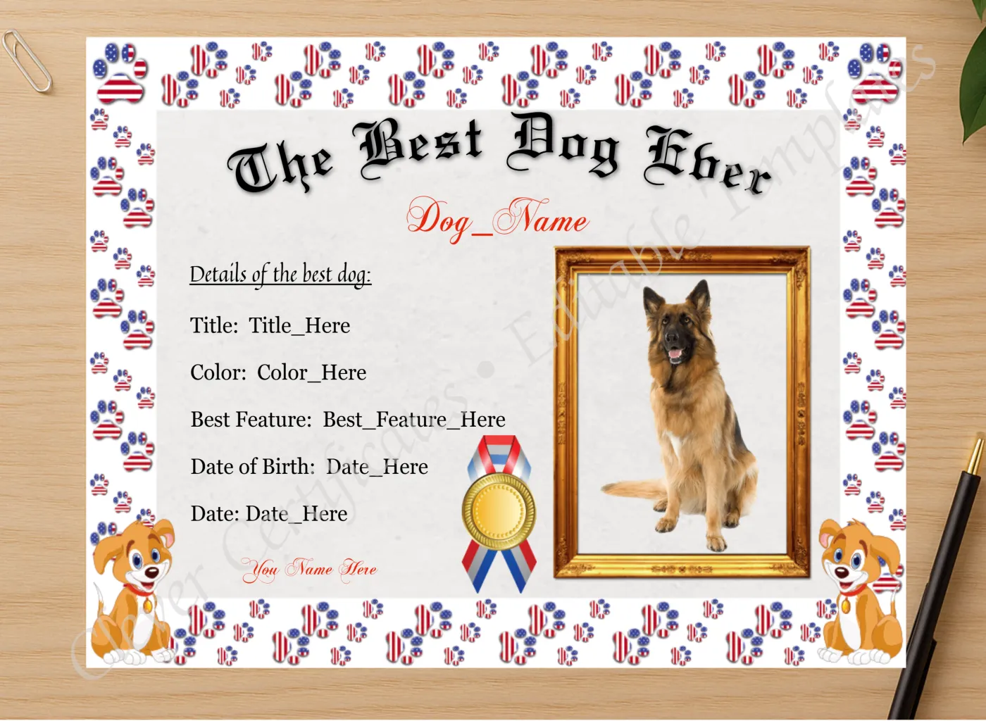 Professional preview of The Best Dog Ever Award certificate on high-quality stationery paper, ideal for showcasing the final look.