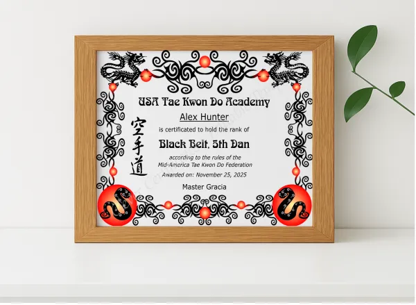 Realistic mockup featuring Tae Kwon Do Black Belt Certificate displayed within a modern frame, set against a minimalistic background.