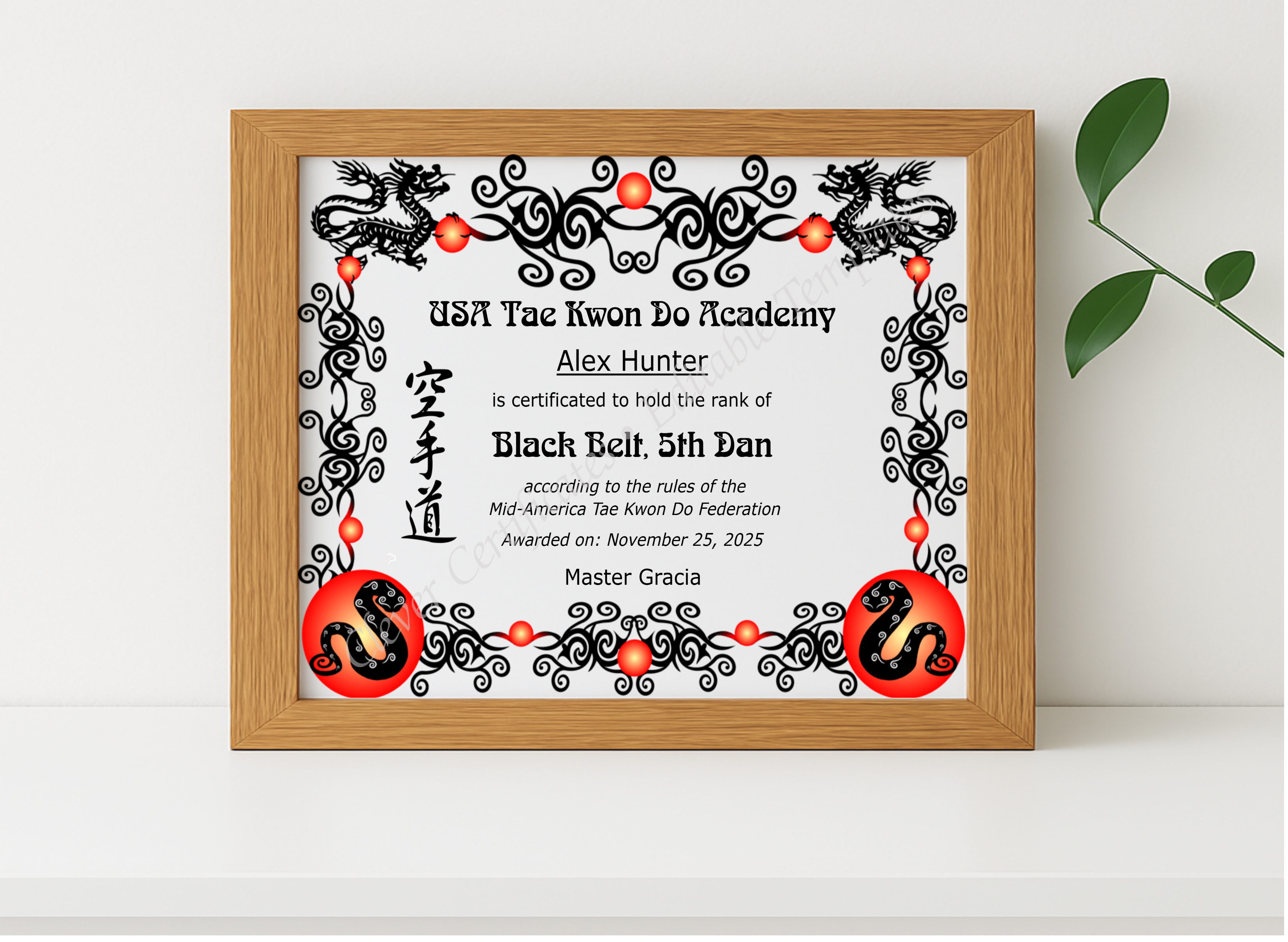 Realistic mockup featuring Tae Kwon Do Black Belt Certificate displayed within a modern frame, set against a minimalistic background.