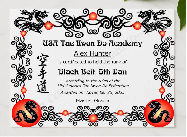 Tae Kwon Do Black Belt Certificate presented in a sleek wooden frame, elegantly arranged on a stylish table.