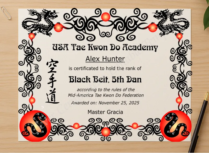 Professional preview of Tae Kwon Do Black Belt Certificate certificate on high-quality stationery paper, ideal for showcasing the final look.