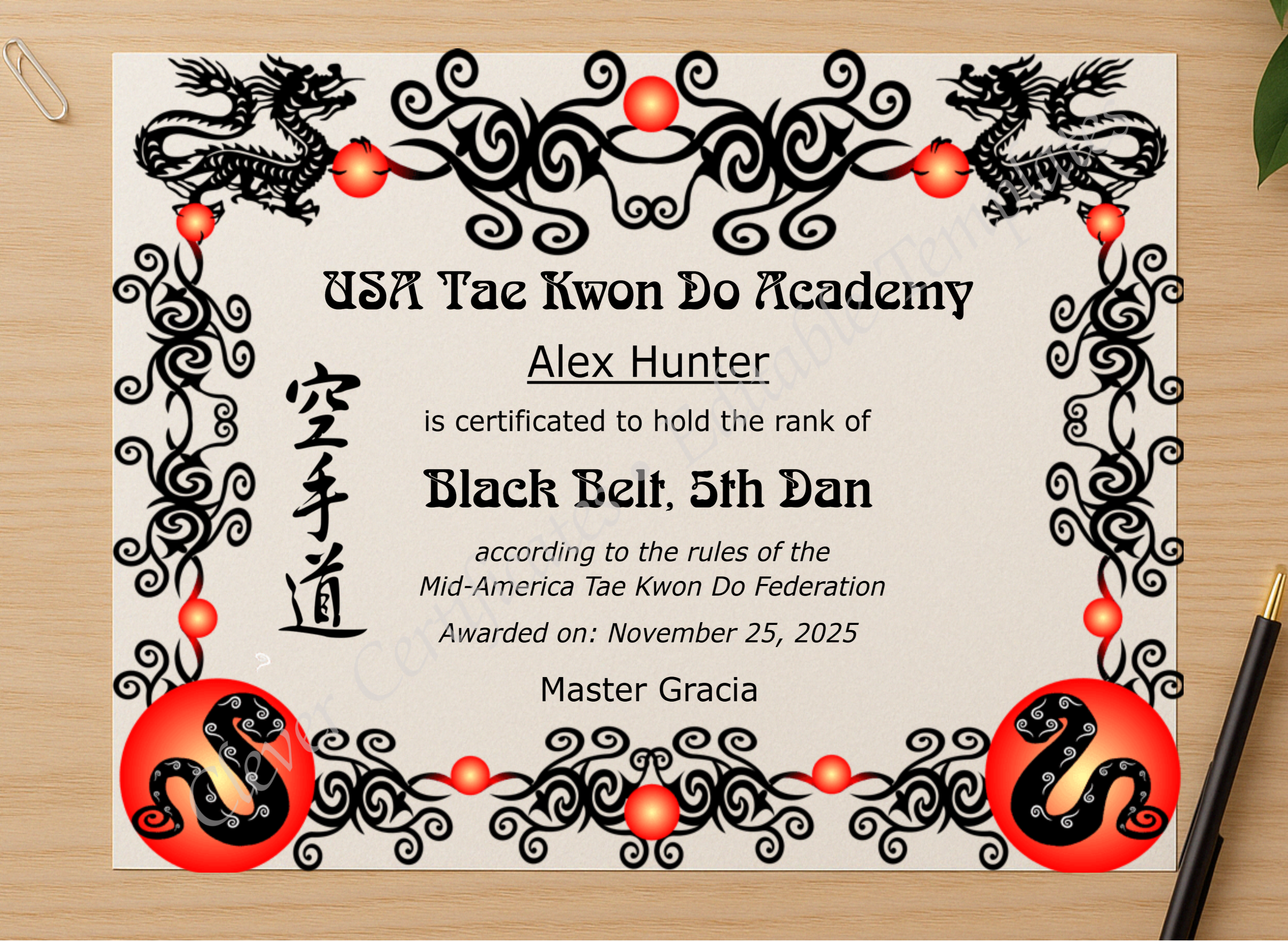 Professional preview of Tae Kwon Do Black Belt Certificate certificate on high-quality stationery paper, ideal for showcasing the final look.