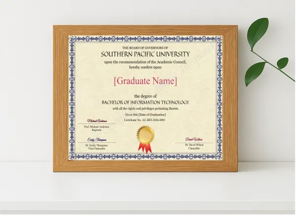 Realistic mockup featuring Australian Bachelor Of Information Technology Degree displayed within a modern frame, set against a minimalistic background.