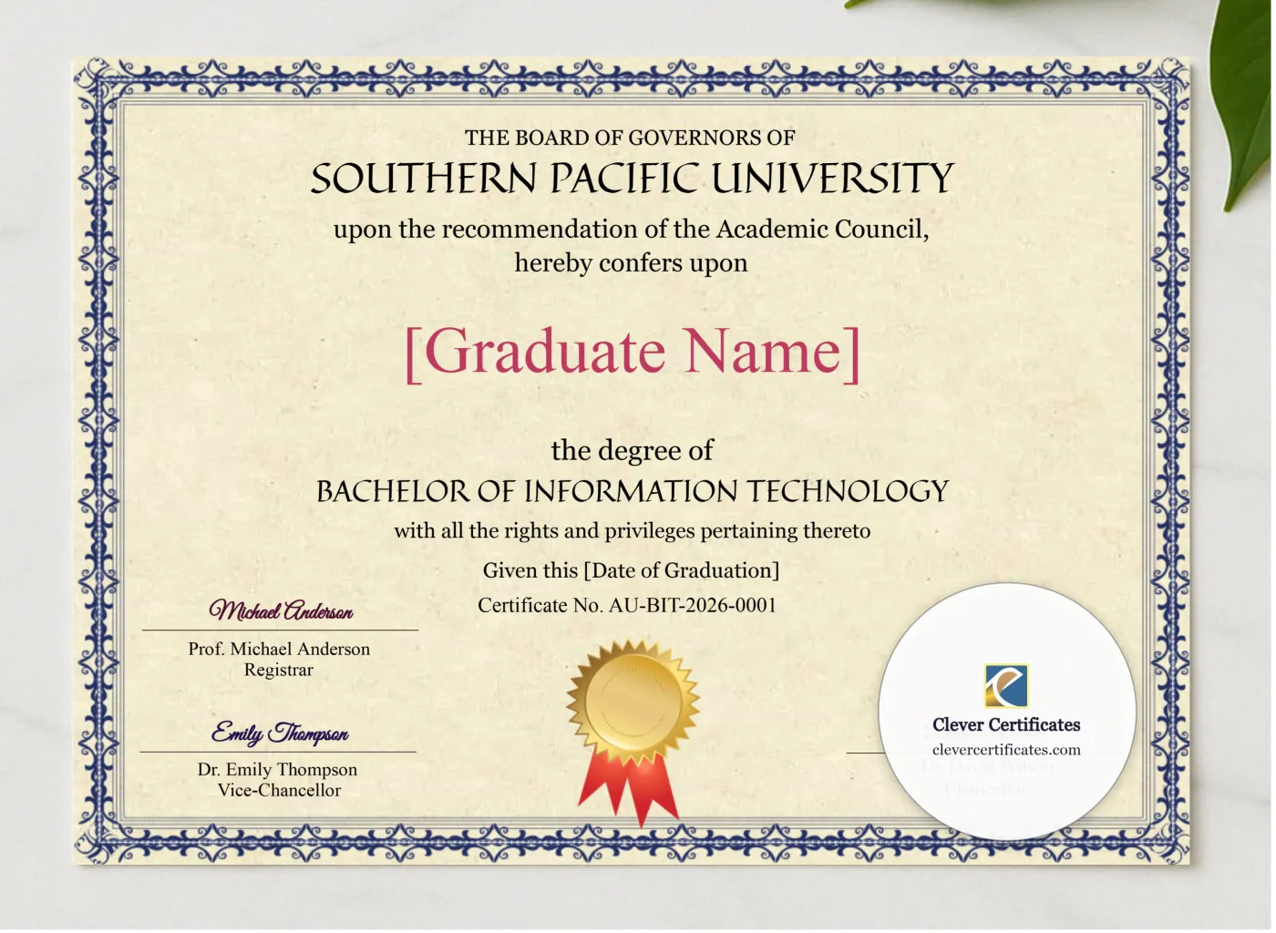 Australian Bachelor Of Information Technology Degree presented in a sleek wooden frame, elegantly arranged on a stylish table.