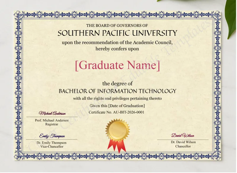 Australian Bachelor Of Information Technology Degree presented in a sleek wooden frame, elegantly arranged on a stylish table.