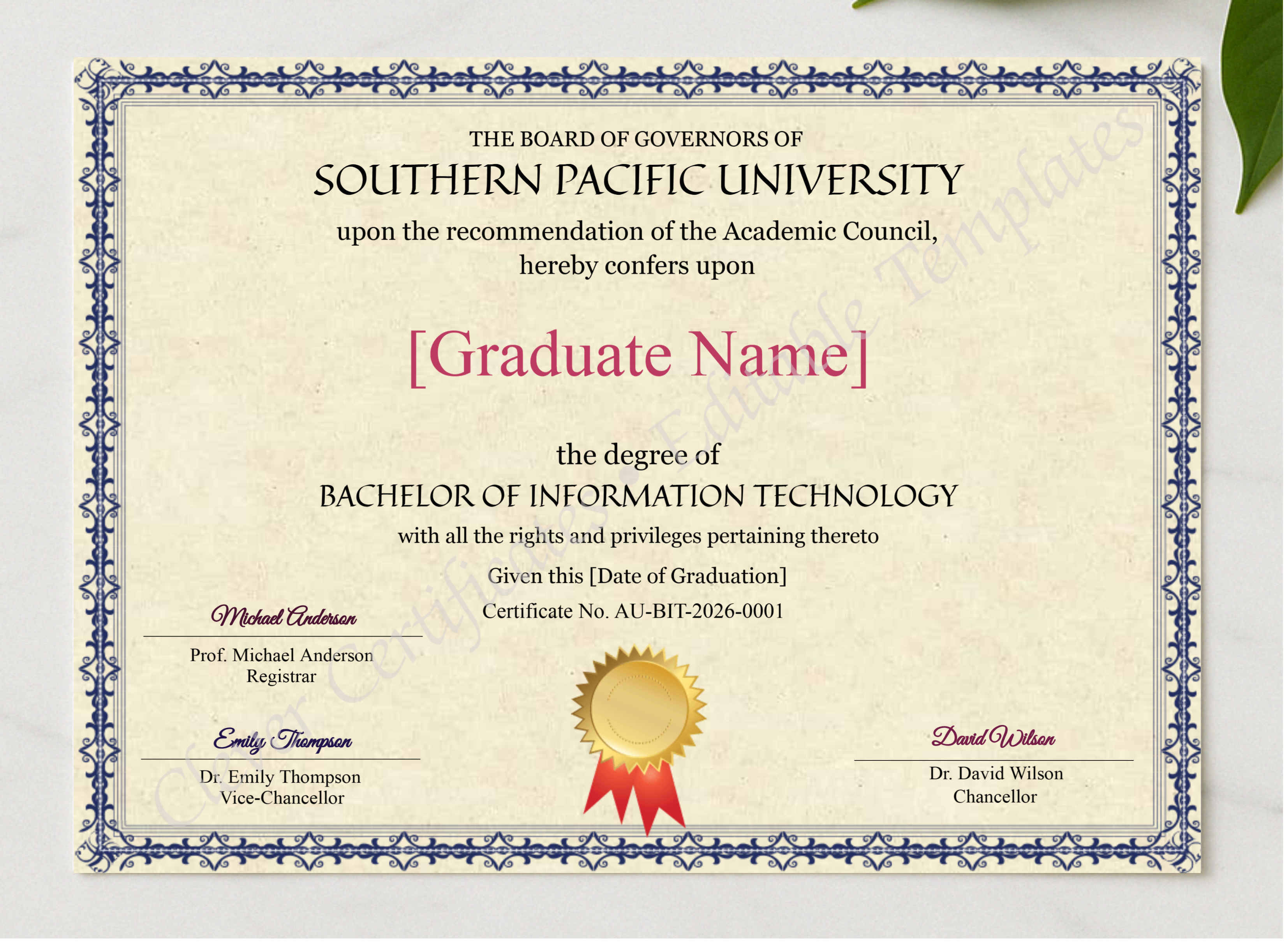 Australian Bachelor Of Information Technology Degree presented in a sleek wooden frame, elegantly arranged on a stylish table.