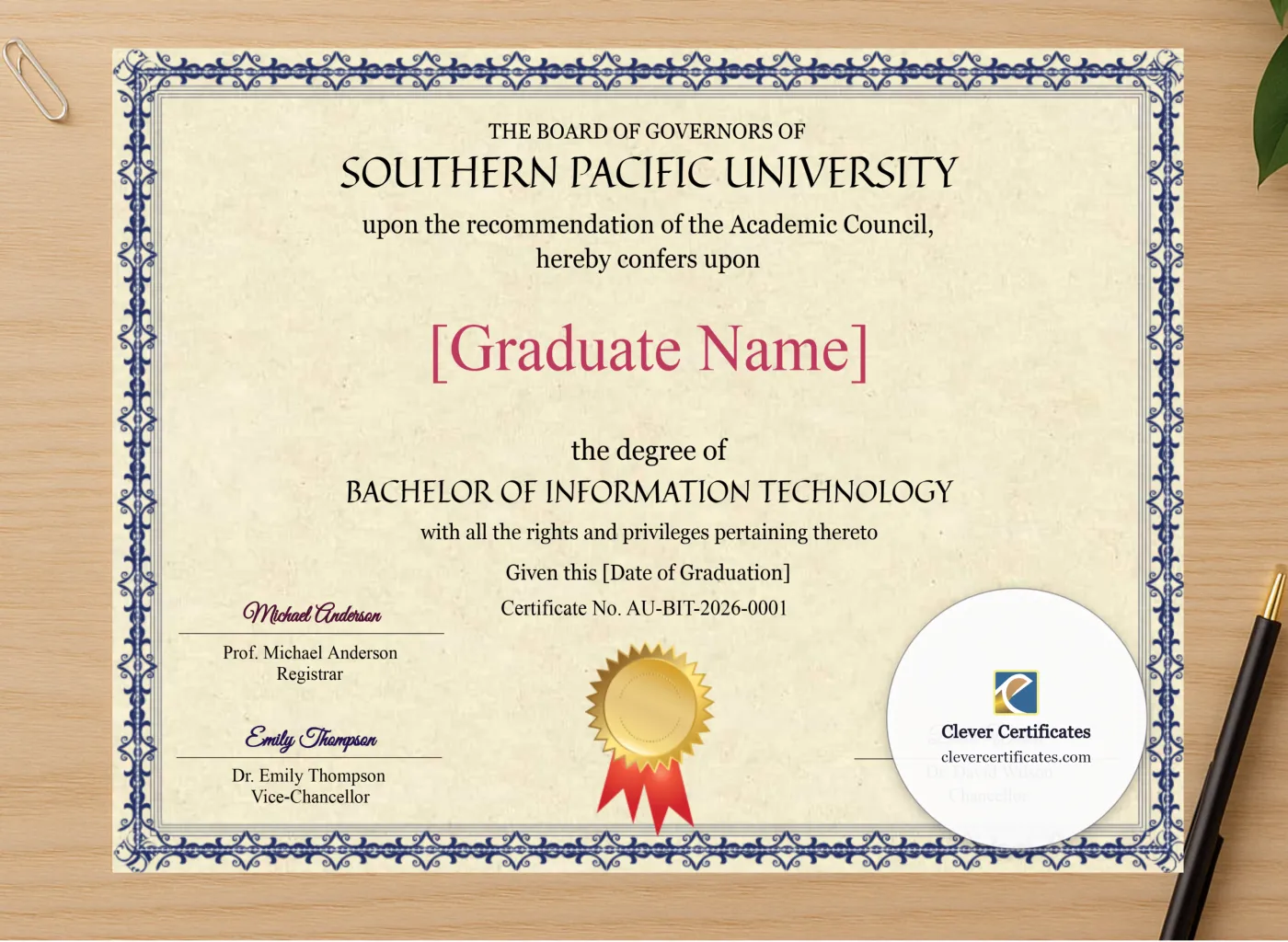 Professional preview of Australian Bachelor Of Information Technology Degree certificate on high-quality stationery paper, ideal for showcasing the final look.