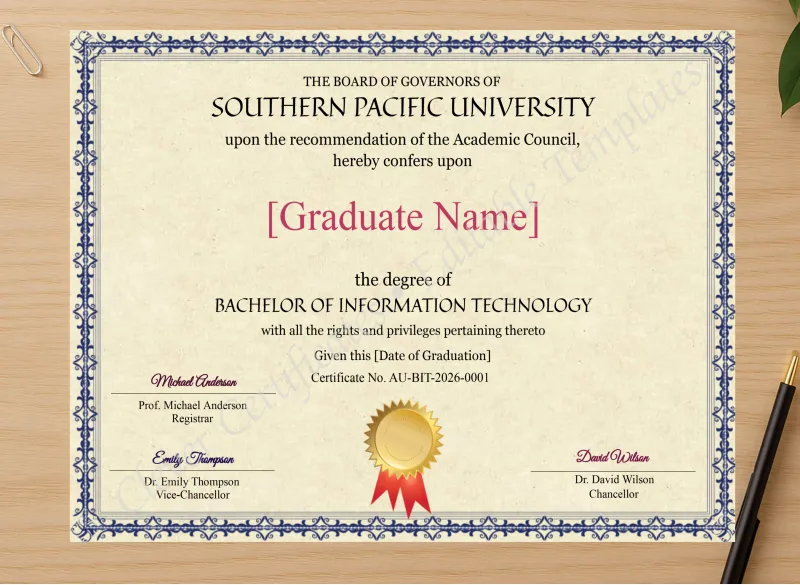 Professional preview of Australian Bachelor Of Information Technology Degree certificate on high-quality stationery paper, ideal for showcasing the final look.