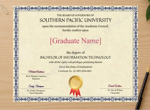 Professional preview of Australian Bachelor Of Information Technology Degree certificate on high-quality stationery paper, ideal for showcasing the final look.