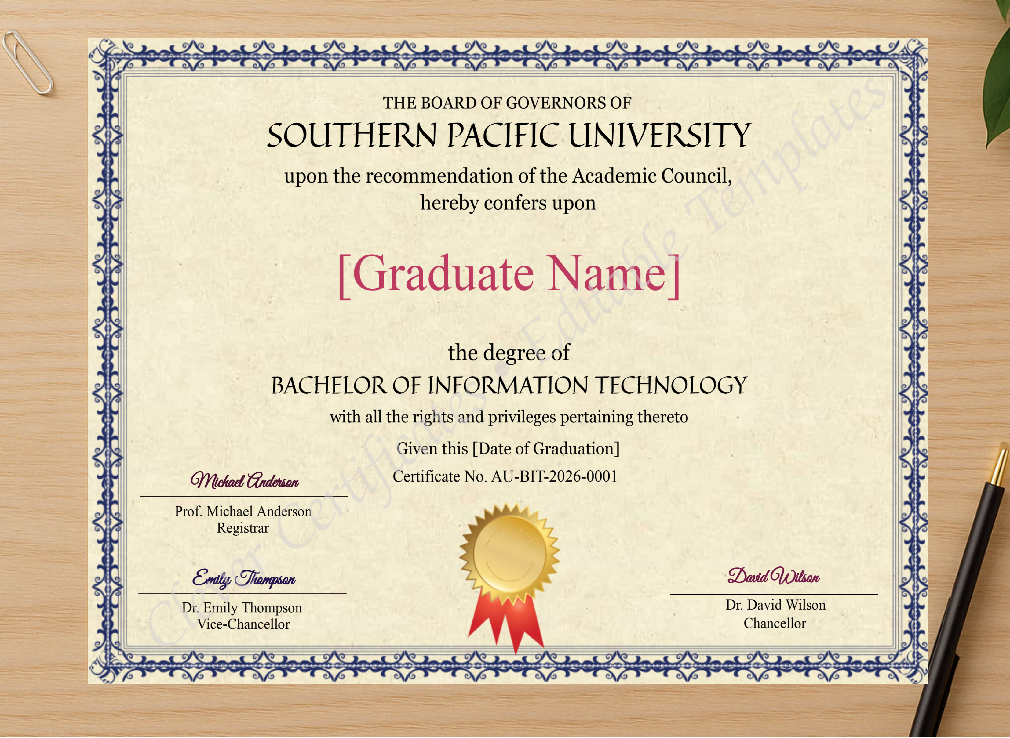 Professional preview of Australian Bachelor Of Information Technology Degree certificate on high-quality stationery paper, ideal for showcasing the final look.
