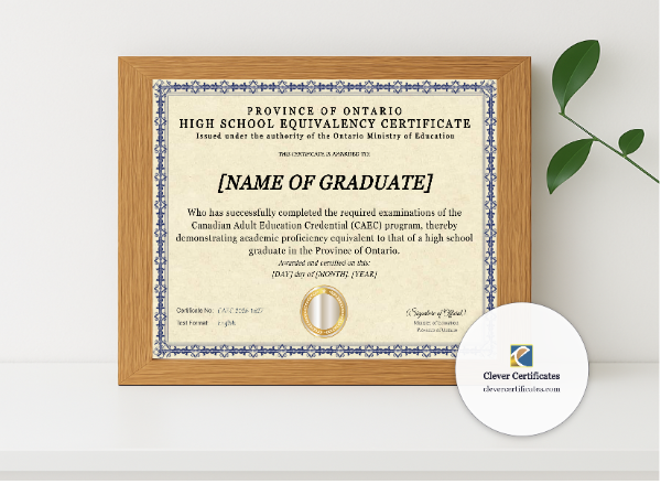 Realistic mockup featuring Ontario High School Equivalency Certificate CAEC Diploma displayed within a modern frame, set against a minimalistic background.