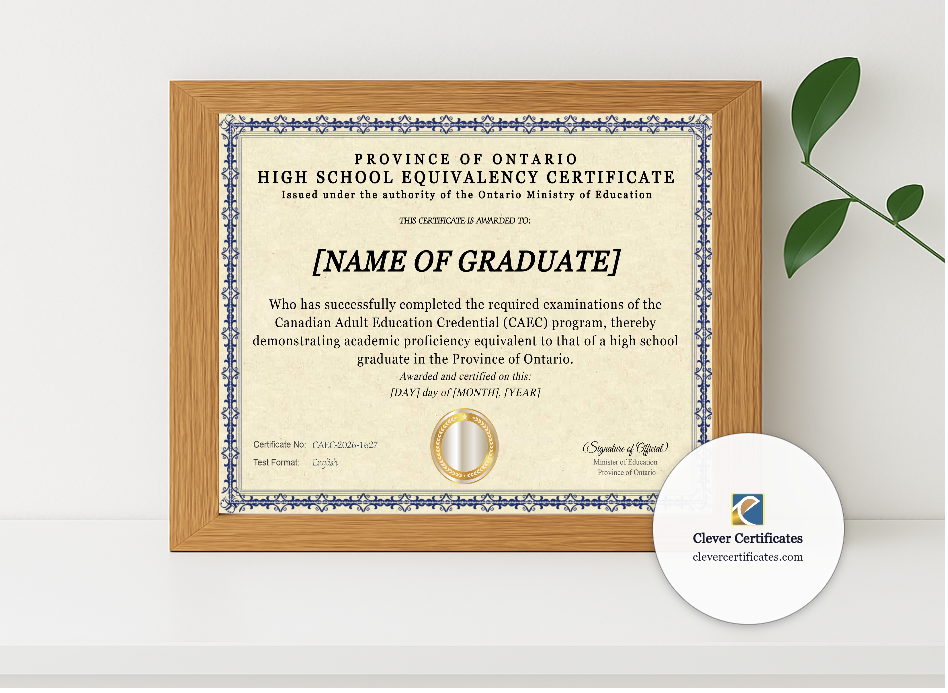 Realistic mockup featuring Ontario High School Equivalency Certificate CAEC Diploma displayed within a modern frame, set against a minimalistic background.