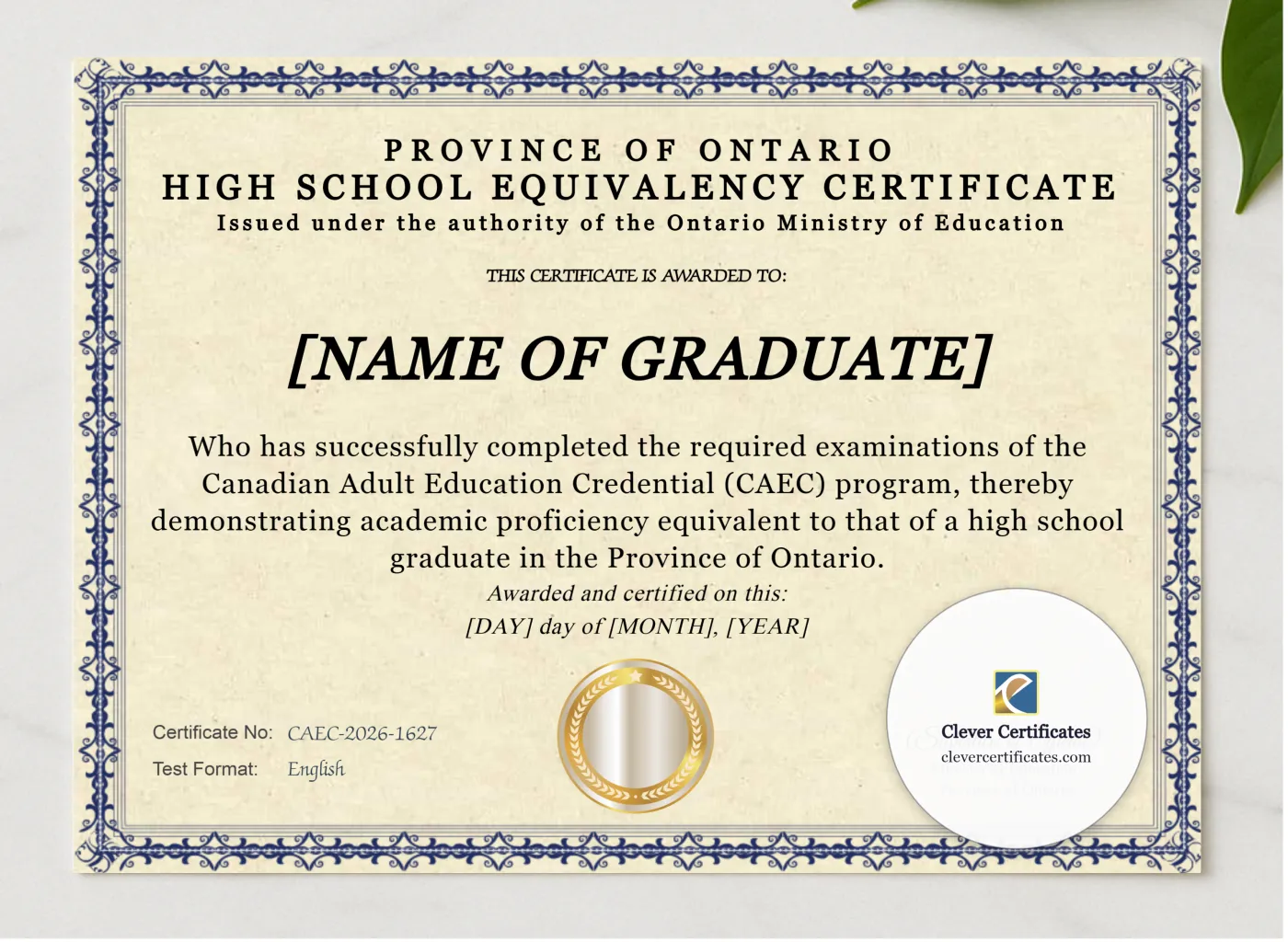 Ontario High School Equivalency Certificate CAEC Diploma presented in a sleek wooden frame, elegantly arranged on a stylish table.